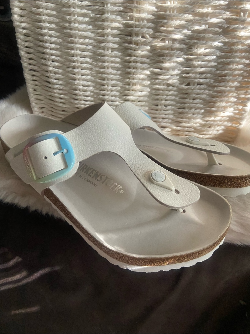 Birkenstock Gizeh Big Buckle White Thong Sandals with Pastel Gradient Buckles